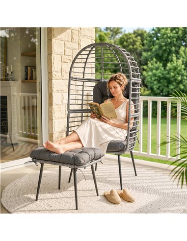 Outsunny Garden Egg Chair with Footstool, Rattan Indoor Outdoor Lounge Chair and Ottoman Set with Thick Cushions, Light Grey