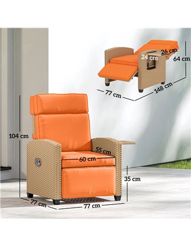 Outsunny 145° Reclining Rattan Armchair, with Footrest - Khaki/Orange