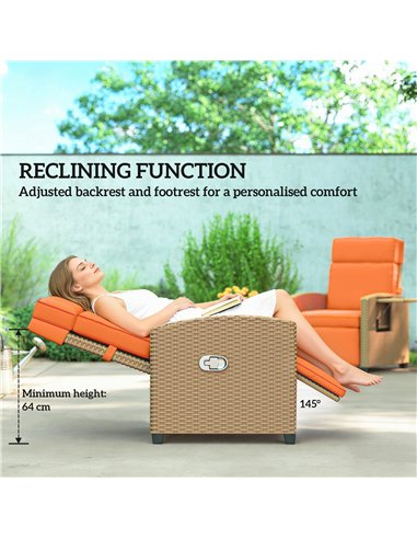 Outsunny 145° Reclining Rattan Armchair, with Footrest - Khaki/Orange