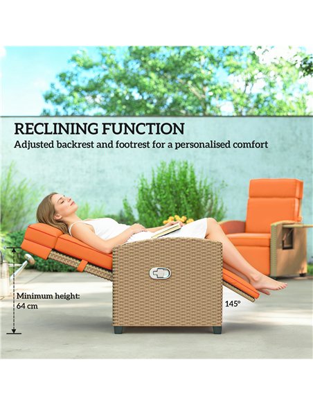 Outsunny 145° Reclining Rattan Armchair, with Footrest - Khaki/Orange - pic 199342 | FastDaddyshop