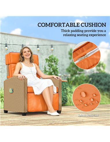 Outsunny 145° Reclining Rattan Armchair, with Footrest - Khaki/Orange