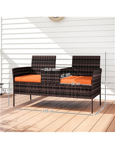 Outsunny Two-Seat Rattan Chair, with Middle Table - Orange