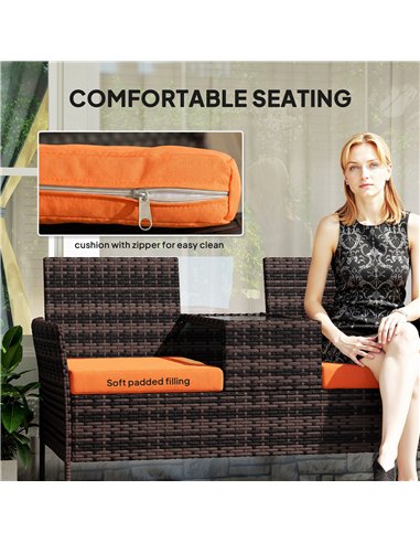 Outsunny Two-Seat Rattan Chair, with Middle Table - Orange