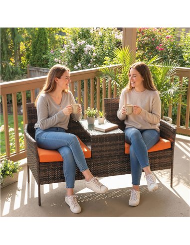 Outsunny Two-Seat Rattan Chair, with Middle Table - Orange