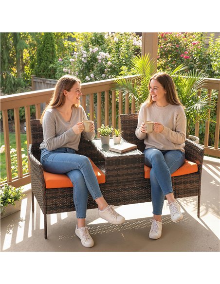 Outsunny Two-Seat Rattan Chair, with Middle Table - Orange - pic 199382 | FastDaddyshop