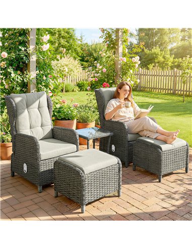 Outsunny Rattan Reclining Garden Chair Set of 2 with Footstool and Cushion for Balcony, Cream