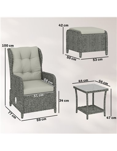 Outsunny Rattan Reclining Garden Chair Set of 2 with Footstool and Cushion for Balcony, Cream