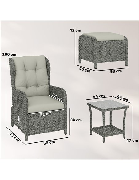 Outsunny Rattan Reclining Garden Chair Set of 2 with Footstool and Cushion for Balcony, Cream - pic 199386 | FastDaddyshop