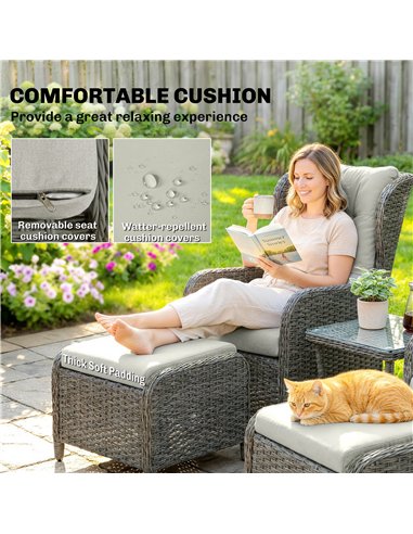 Outsunny Rattan Reclining Garden Chair Set of 2 with Footstool and Cushion for Balcony, Cream