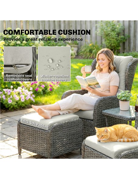 Outsunny Rattan Reclining Garden Chair Set of 2 with Footstool and Cushion for Balcony, Cream - pic 199388 | FastDaddyshop