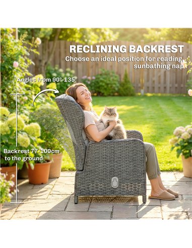 Outsunny Rattan Reclining Garden Chair Set of 2 with Footstool and Cushion for Balcony, Cream