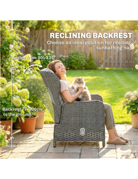 Outsunny Rattan Reclining Garden Chair Set of 2 with Footstool and Cushion for Balcony, Cream - pic 199389 | FastDaddyshop
