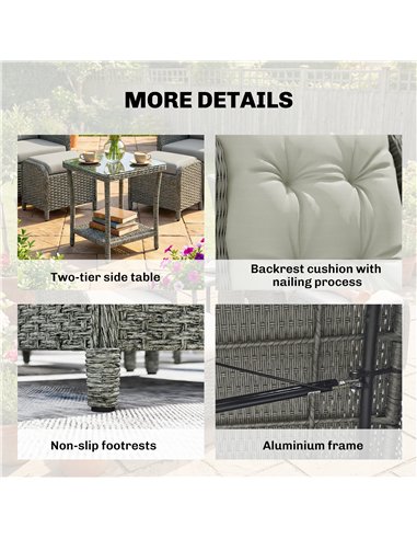 Outsunny Rattan Reclining Garden Chair Set of 2 with Footstool and Cushion for Balcony, Cream