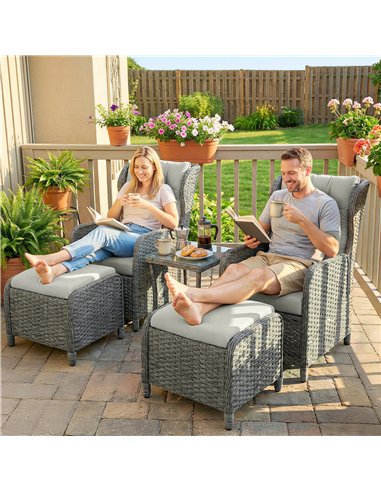 Outsunny Rattan Reclining Garden Chair Set of 2 with Footstool and Cushion for Balcony, Cream
