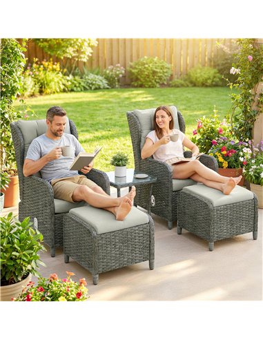 Outsunny Rattan Reclining Garden Chair Set of 2 with Footstool and Cushion for Balcony, Cream