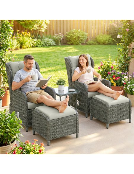 Outsunny Rattan Reclining Garden Chair Set of 2 with Footstool and Cushion for Balcony, Cream - pic 199392 | FastDaddyshop