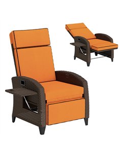 Outsunny Garden Recliner with Cushion, Outdoor Recliner Chair with Adjustable Backrest & Footrest, Side Tray, Orange