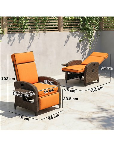 Outsunny Garden Recliner with Cushion, Outdoor Recliner Chair with Adjustable Backrest & Footrest, Side Tray, Orange