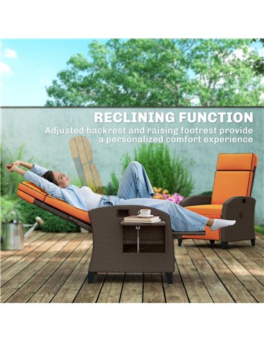 Outsunny Garden Recliner with Cushion, Outdoor Recliner Chair with Adjustable Backrest & Footrest, Side Tray, Orange