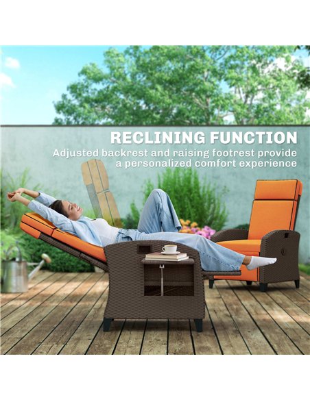 Outsunny Garden Recliner with Cushion, Outdoor Recliner Chair with Adjustable Backrest & Footrest, Side Tray, Orange - pic 199396 | FastDaddyshop