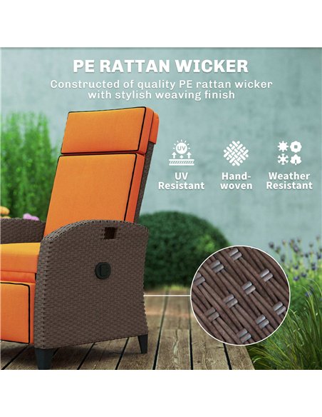 Outsunny Garden Recliner with Cushion, Outdoor Recliner Chair with Adjustable Backrest & Footrest, Side Tray, Orange - pic 199397 | FastDaddyshop