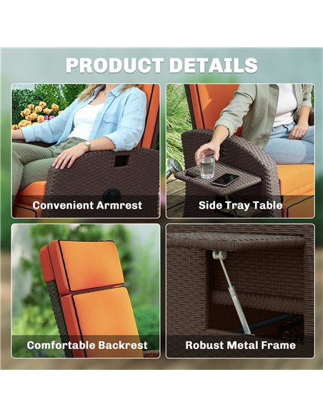 Outsunny Garden Recliner with Cushion, Outdoor Recliner Chair with Adjustable Backrest & Footrest, Side Tray, Orange - pic 199398 | FastDaddyshop