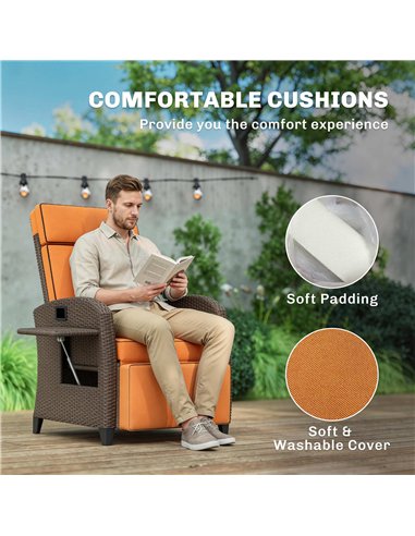 Outsunny Garden Recliner with Cushion, Outdoor Recliner Chair with Adjustable Backrest & Footrest, Side Tray, Orange