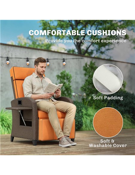 Outsunny Garden Recliner with Cushion, Outdoor Recliner Chair with Adjustable Backrest & Footrest, Side Tray, Orange - pic 199399 | FastDaddyshop
