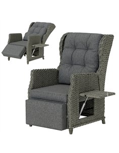 Outsunny Rattan Garden Recliner Chair, Reclining Garden Chair with Adjustable Back and Footrest, Flip Table, Cushion, Dark Grey