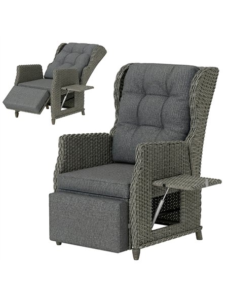 Outsunny Rattan Garden Recliner Chair, Reclining Garden Chair with Adjustable Back and Footrest, Flip Table, Cushion, Dark Grey - pic 199402 | FastDaddyshop