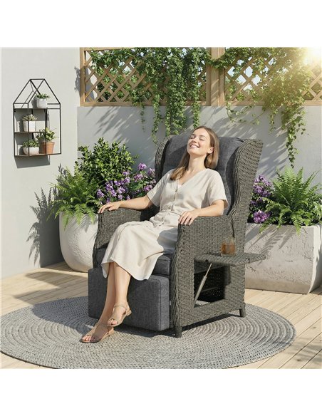 Outsunny Rattan Garden Recliner Chair, Reclining Garden Chair with Adjustable Back and Footrest, Flip Table, Cushion, Dark Grey - pic 199403 | FastDaddyshop