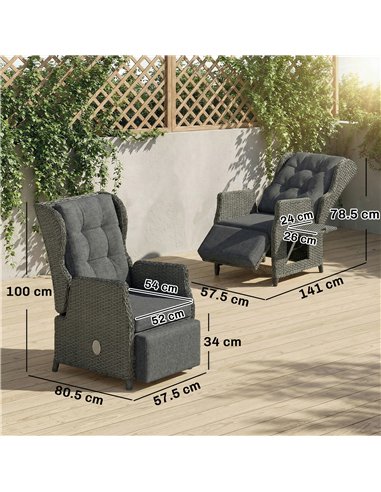 Outsunny Rattan Garden Recliner Chair, Reclining Garden Chair with Adjustable Back and Footrest, Flip Table, Cushion, Dark Grey