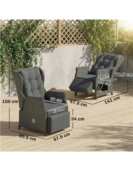 Outsunny Rattan Garden Recliner Chair, Reclining Garden Chair with Adjustable Back and Footrest, Flip Table, Cushion, Dark Grey - pic 199404 | FastDaddyshop