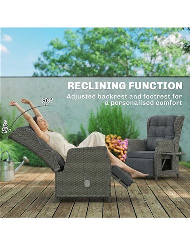 Outsunny Rattan Garden Recliner Chair, Reclining Garden Chair with Adjustable Back and Footrest, Flip Table, Cushion, Dark Grey