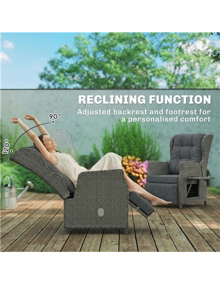 Outsunny Rattan Garden Recliner Chair, Reclining Garden Chair with Adjustable Back and Footrest, Flip Table, Cushion, Dark Grey - pic 199405 | FastDaddyshop