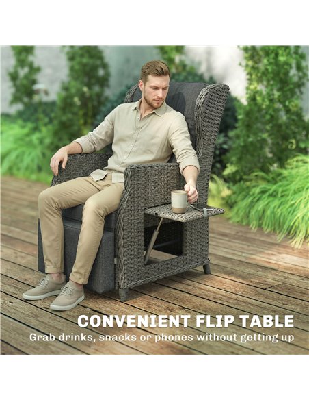 Outsunny Rattan Garden Recliner Chair, Reclining Garden Chair with Adjustable Back and Footrest, Flip Table, Cushion, Dark Grey - pic 199409 | FastDaddyshop