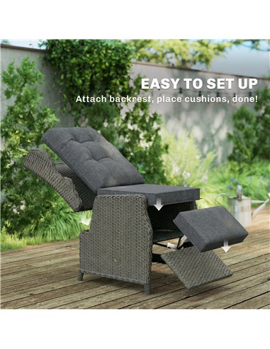 Outsunny Rattan Garden Recliner Chair, Reclining Garden Chair with Adjustable Back and Footrest, Flip Table, Cushion, Dark Grey