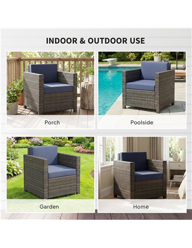 Outsunny PE Rattan Garden Armchair with Cushion - Mixed Brown/Navy Blue