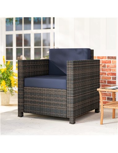 Outsunny PE Rattan Garden Armchair with Cushion - Mixed Brown/Navy Blue