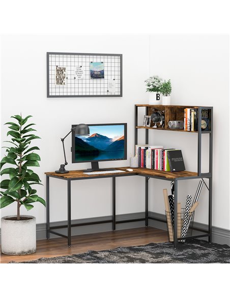 HOMCOM Industrial L-Shaped Work Desk & Storage Shelf with Steel Frame, Brown Black - pic 19944 | FastDaddyshop