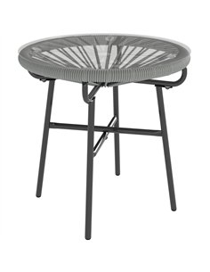 Outsunny Rattan Side Table, Round Outdoor Coffee Table, with Round PE Rattan and Tempered Glass Tabletop, Light Grey
