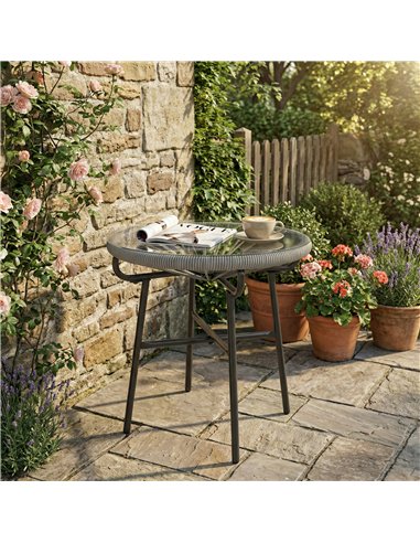 Outsunny Rattan Side Table, Round Outdoor Coffee Table, with Round PE Rattan and Tempered Glass Tabletop, Light Grey