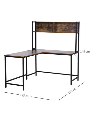 HOMCOM Industrial L-Shaped Work Desk & Storage Shelf with Steel Frame, Brown Black