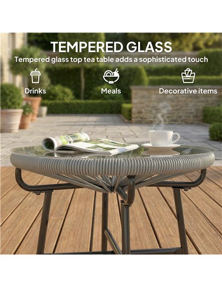 Outsunny Rattan Side Table, Round Outdoor Coffee Table, with Round PE Rattan and Tempered Glass Tabletop, Light Grey - pic 199450 | FastDaddyshop