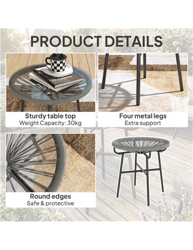 Outsunny Rattan Side Table, Round Outdoor Coffee Table, with Round PE Rattan and Tempered Glass Tabletop, Light Grey