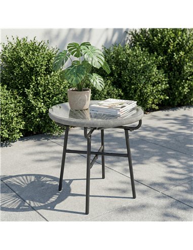 Outsunny Rattan Side Table, Round Outdoor Coffee Table, with Round PE Rattan and Tempered Glass Tabletop, Light Grey