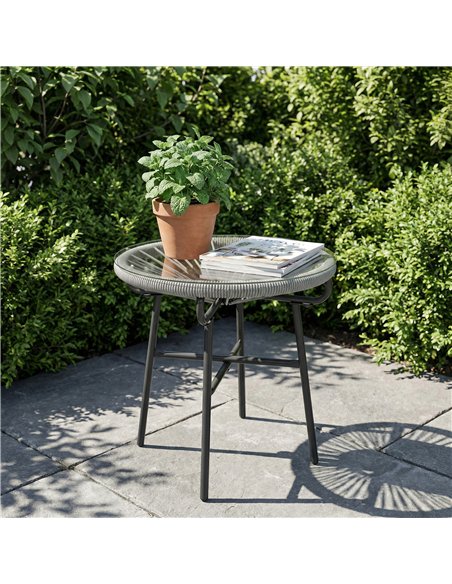 Outsunny Rattan Side Table, Round Outdoor Coffee Table, with Round PE Rattan and Tempered Glass Tabletop, Light Grey - pic 199455 | FastDaddyshop