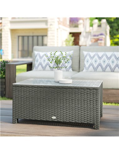 Outsunny Rattan Garden Coffee Table with Glass Top, Light Grey