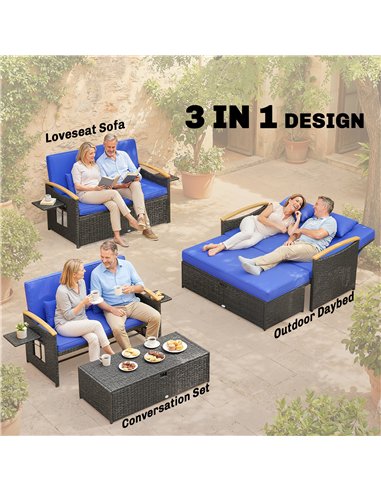 Outsunny Double Garden Rattan Daybed with Storage Ottoman, 4-Level Adjustable Backrest, Brown