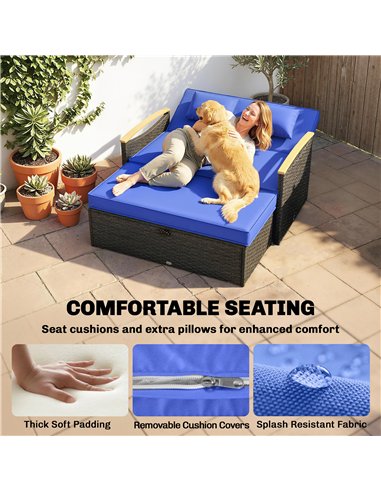 Outsunny Double Garden Rattan Daybed with Storage Ottoman, 4-Level Adjustable Backrest, Brown